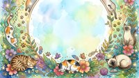 Watercolor illustration featuring tabby cat and beagle puppy surrounded by blooming flowers, botanical elements, and decorative frame on soft pastel background for children's book and nursery design.