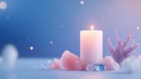 Serene wellness composition with white candle, pink salt crystals, lavender sprigs, and healing stones on soft blue background with bokeh lights.