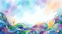 Young woman with light skin tone, wearing casual attire, smiling while holding a colorful abstract watercolor artwork featuring flowing waves and vibrant pastel hues for creative design projects.