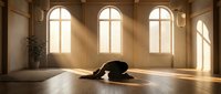 Woman practicing yoga in child's pose on wooden floor in sunlit studio with arched windows. Peaceful meditation and mindfulness exercise in warm natural light.