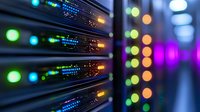 Network server rack with glowing LED indicators in modern data center. Blurred bokeh lights create depth and technological atmosphere. Suitable for IT infrastructure concepts.
