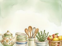 Watercolor kitchen scene with teapot, stacked plates, wooden spoons, fresh herbs, and fruit basket on soft green background with copy space.