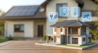 Smart home technology concept with miniature house model and IoT icons for energy efficiency, security monitoring and automation systems.