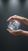 Hands protecting glowing holographic sphere with geometric patterns representing digital technology, innovation and futuristic data visualization concepts.