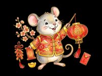 Cute cartoon mouse in red Chinese traditional outfit holding lantern and red envelope, isolated on transparent background, for stickers, t-shirts, print on demand.