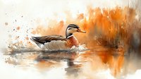 Male mallard duck swimming in autumn lake with water splashes, orange and brown watercolor style background creates moody atmospheric nature scene.