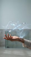 Female hand with elegant bracelet releasing flowing digital energy waves and light particles in modern office space for technology and innovation concepts.