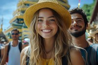 Young blonde woman in straw hat smiling at summer festival with diverse crowd enjoying outdoor music event and carnival atmosphere.
