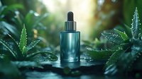 Natural skincare serum bottle with dropper surrounded by fresh aloe vera plants in tropical garden setting with soft sunlight filtering through leaves.