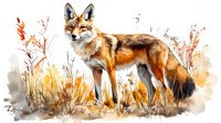 Red fox standing in autumn meadow with dry grass and leaves, watercolor style artwork showing wildlife in natural habitat. Artistic nature illustration.