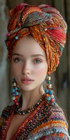Young woman wearing vibrant orange and red turban with colorful beaded earrings and matching ethnic outfit, showcasing bohemian fashion style.