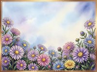 Watercolor aster flowers border frame with purple and pink blooms on soft blue sky background for greeting cards and botanical designs.