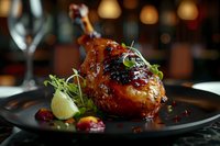 Glazed duck leg with crispy skin served on black plate, garnished with microgreens and lime wedge. Rich caramelized sauce and dark restaurant atmosphere.