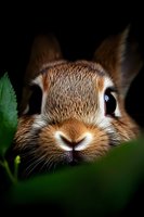 Close-up portrait of curious brown rabbit peeking through green leaves against dark background, showing detailed fur texture and expressive eyes.