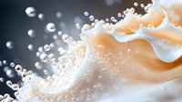 Delicate peach and white waves with floating water drops create dynamic motion against dark background, macro photography capturing liquid movement and splashing effect.