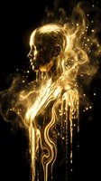 Golden liquid human silhouette dissolving into sparkling particles against black background for luxury branding and premium product marketing campaigns.