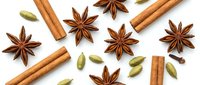 Aromatic spices scattered on white background including cinnamon sticks, star anise and cardamom pods for cooking, baking and culinary designs.