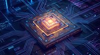 Futuristic computer processor chip with glowing orange core on circuit board with blue neon traces for technology and artificial intelligence concepts.