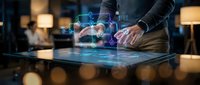 Businessman using futuristic holographic interface technology with digital icons and data visualization in modern office environment for business innovation.