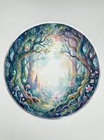 Watercolor circular frame with enchanted forest, twisted trees, mushrooms, flowers, and a glowing castle path, isolated on white background.