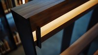 Minimalist wooden handrail detail with dramatic lighting creates architectural interest through shadow and light interplay on dark stained wood surface.