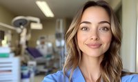Young female medical professional in blue scrubs smiling warmly at camera in dental office setting with equipment visible in background. Natural makeup and wavy brown hair.