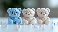 Adorable plush teddy bears in blue and pink pastel colors sitting in row with small decorative pearls, soft focus background for baby shower or nursery decor.