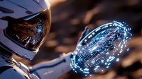 Futuristic astronaut helmet reflecting glowing holographic interface with blue digital elements against dark space background. Sci-fi technology concept.