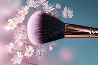 Luxurious makeup brush with soft pink bristles against dreamy spring cherry blossoms background in pastel tones, creating elegant cosmetic composition.