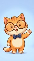 Cute orange tabby kitten cartoon character wearing glasses and blue bow tie waving paw on gradient background for children design projects.