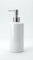 White ceramic soap dispenser with stainless steel pump isolated on white background, ready for bathroom or kitchen design mockups and product presentations.