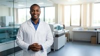 Confident African American male doctor in white lab coat smiling in modern medical laboratory with hands clasped, professional healthcare worker portrait.