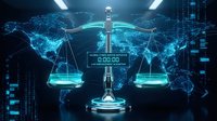 Digital scales of justice with glowing world map network connections representing global legal technology and cyber law enforcement systems.