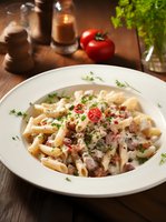 Creamy penne pasta with bacon bits, cherry tomatoes and fresh herbs served on white plate, garnished with parmesan cheese and parsley on rustic wooden table.