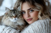 Young blonde woman with blue eyes and natural makeup embracing fluffy maine coon cat in cozy white knit sweater, close up portrait with soft bokeh background.