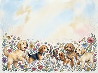 Adorable watercolor puppies playing in spring flower garden with soft pastel sky background for nursery decor and pet lover designs.