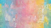 Pastel abstract oil painting with textured brush strokes in soft pink, mint green, yellow and turquoise colors creating dreamy atmospheric composition. Modern wall art decor.