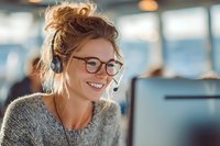 Smiling young Caucasian woman with glasses and headset working at computer in bright modern office environment, representing customer service and remote work.