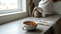 Pouring hot water from a white ceramic teapot into a rustic cup with tea on a kitchen countertop by a window, cozy morning ritual.