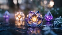 Glowing geometric crystal lanterns with purple and golden lights creating magical atmosphere on wet surface with bokeh effect in dark background.
