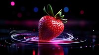 Fresh ripe strawberry creating ripples in liquid with neon pink and purple light effects against dark background with bokeh lights and reflections.
