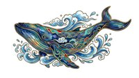 Colorful whale with swirling ocean waves and water splashes in artistic style. Isolated on white background, ready for t-shirt design, clipart, and creative projects.