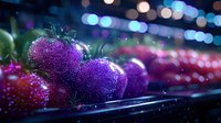 Purple glittery Christmas baubles with bokeh lights in background creating festive holiday atmosphere. Close-up view shows sparkling ornamental details.