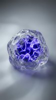 Translucent crystalline sphere with glowing purple electric energy and lightning bolts inside, isolated on neutral background for design, technology, and sci-fi projects.