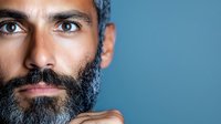 Handsome mature Middle Eastern man with gray beard and intense eyes looking at camera against blue background for lifestyle and portrait concepts.