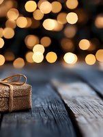Small glittery gift box with twine bow on rustic wooden surface against warm bokeh lights background, creating magical holiday atmosphere for greeting cards.