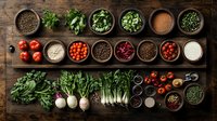 Fresh organic vegetables, herbs and spices arranged on rustic wooden background with ceramic bowls. Raw ingredients for healthy cooking and seasoning.
