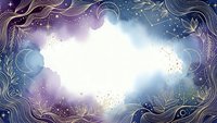 Mystical cosmic frame with flowing golden lines and celestial elements on purple blue gradient background for spiritual design projects.