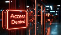 Glowing red neon access denied sign on glass door entrance in dark corridor with dramatic lighting, modern security concept for restricted areas and cybersecurity.