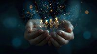 Glowing golden family figures hovering above cupped hands with magical sparkles and bokeh lights against dark background, representing family protection and care.